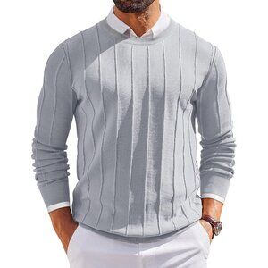 Men’s Crew Neck Sweater Long Sleeve Ribbed Knit Slim Fit Pullover Gray Dress